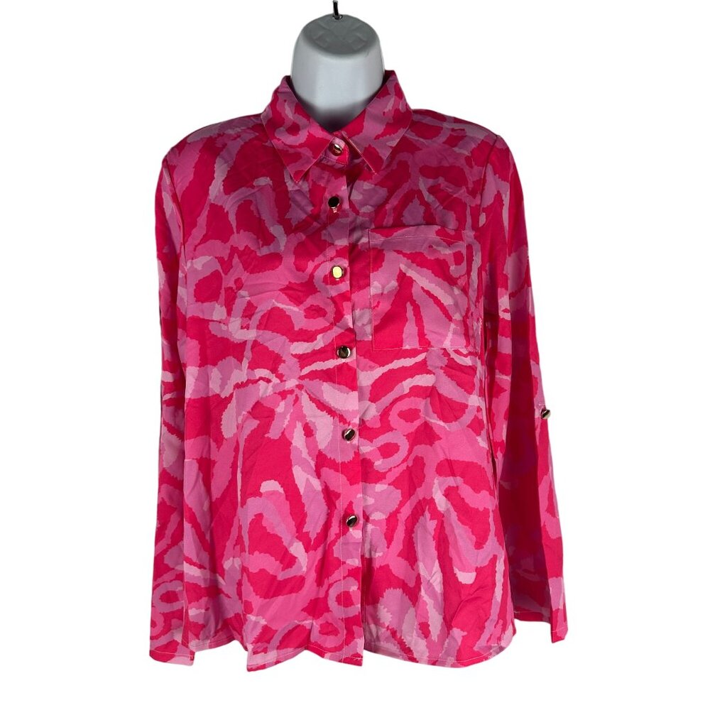 Bold Pink & White Button-Up Shirt For Women Size S